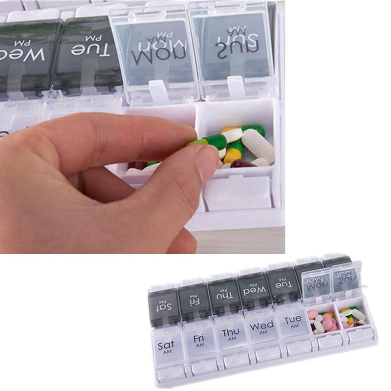 [Australia] - Black & White - Pill Box 7 Day with 14 Compartments Two Times Bounce Open Pill Dispensers Reminder for Vitamins Fish Oils Supplements Medication Black White 