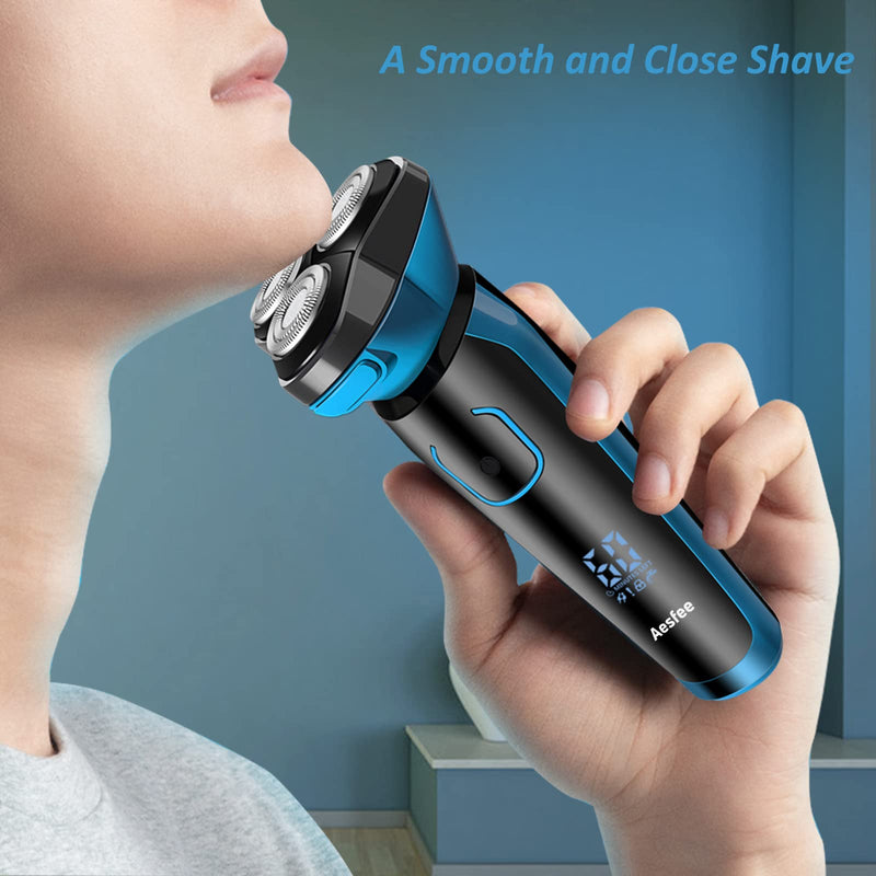 [Australia] - Aesfee Electric Shavers for Men IPX7 Waterproof Wet and Dry, Mens Electric Razors Cordless USB Rechargeable Rotary Shaver with Pop-up Trimmer and Travel Lock, Blue 