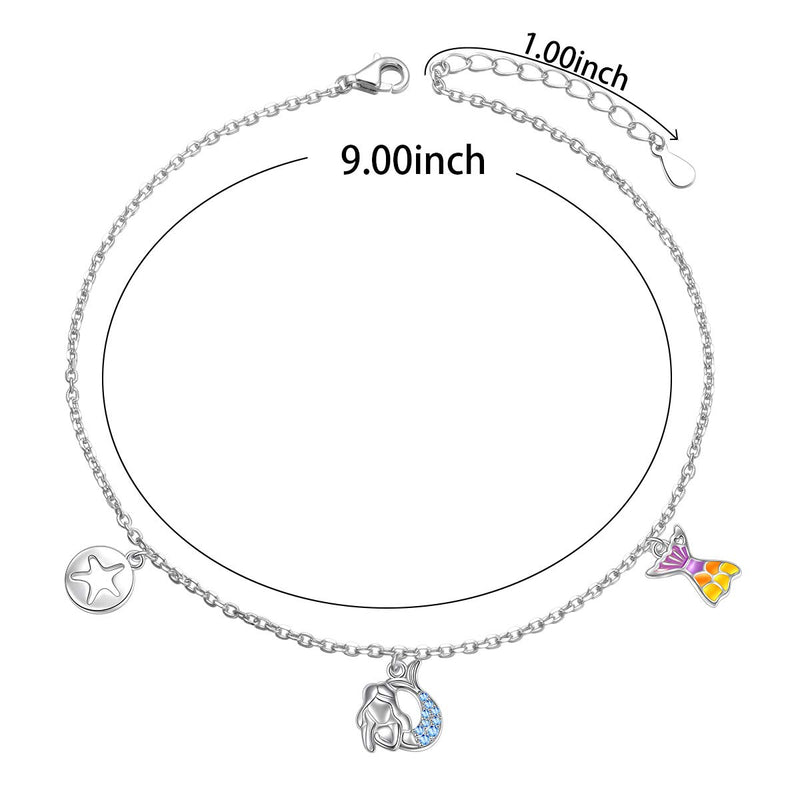 [Australia] - Sterling Silver Sea Mermaid Crescent Moon Necklace Charm Bracelet Anklet Tail Open Ring Women Daughter Mermaid Jewelry Anklet 9+1 inches 