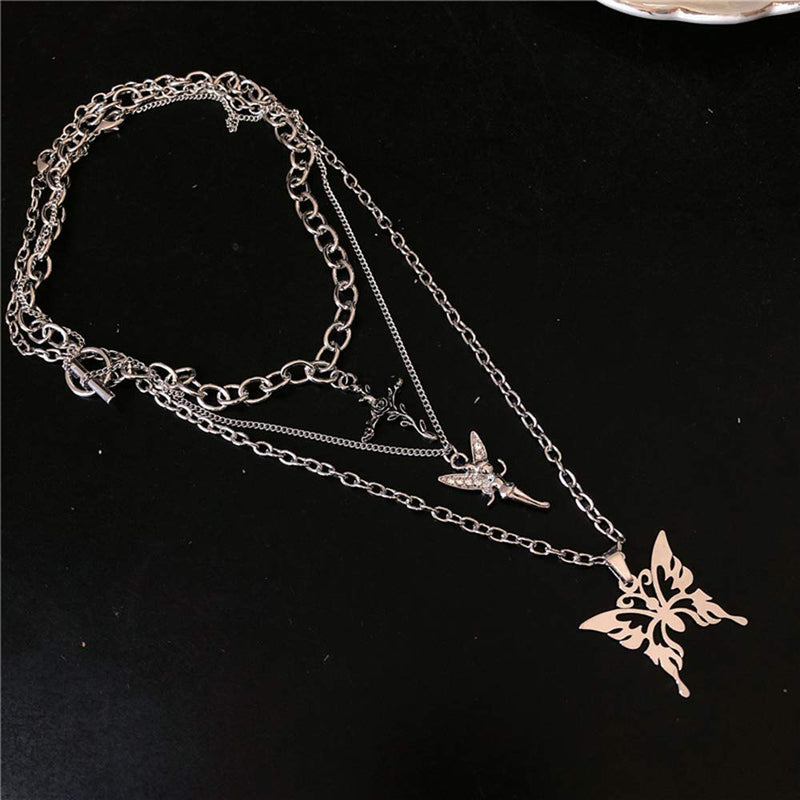 [Australia] - DXZNBEST Lock Key Pendant Chains Necklace Angel Layered Choker Emo Aesthetic Chunky Chains Jewelry for Eboy Egirl Women Men Butterfly+heart chain 