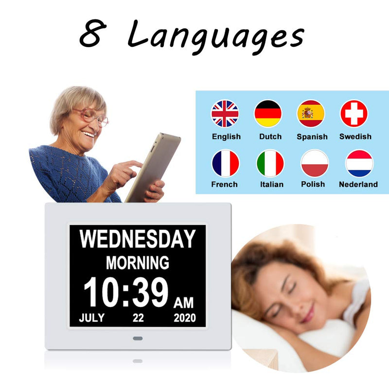 [Australia] - Jaihonda Digital Calendar Day Clock Extra Large Date Time and Day of Week Dementia Clocks for Senior Elderly Vision Impaired with Battery Backup + 8 Alarm Options 7 Inch White 