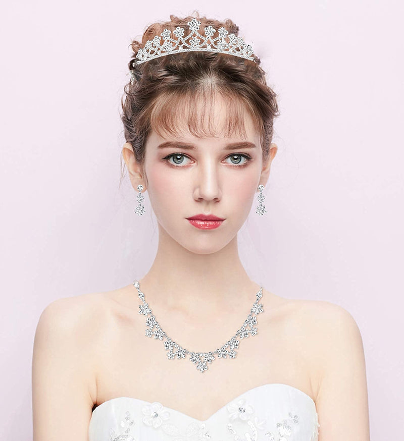 [Australia] - Ubjuliwa Crystal Bride Jewelry Sets for Wedding Silver Necklace Earrings Crown Jewelry Set for Women Bridal Bridesmaid Gift Fit with Wedding Party 