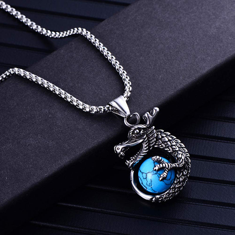 [Australia] - Heavstjer Punk Rock Stainless Steel Dragon Pendant Crystal Ball Necklace,24inches Link Chain Steel Dragon/Blue Crystal Ball 