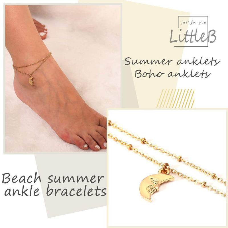 [Australia] - LittleB Layered Moon Anklets Beads Ankle Bracelet Beach Foot Chain Jewelry for Women and Girls (Gold) Gold 