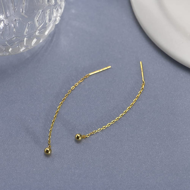 [Australia] - Threader Earrings for Women Sterling Silver Chain Earrings Hypoallergenic Ball Drop Dangle Earrings Lightweight for Girls Gold, 3.5cm / 1.38inch 