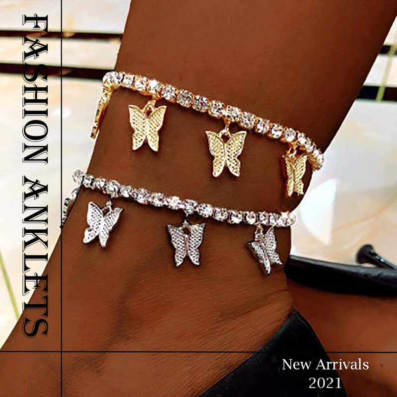 [Australia] - VFlowee Butterfly Crystal Anklets Women Sparkly Ankle Bracelets Butterflies Bracelet Rhinestone Foot and Hand Chain Jewelry (Gold) Gold 