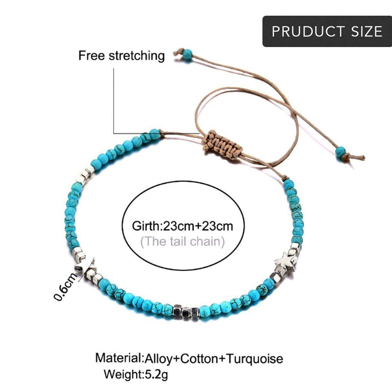 [Australia] - Cosydays Boho Turquoise Anklets Weave Silver Star Ankle Bracelets Rope Summer Beach Adjustable Foot Jewelry for Women and Girls 