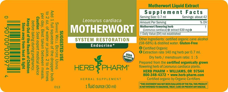 [Australia] - Herb Pharm Certified Organic Motherwort Liquid Extract for Endocrine System Support - 1 Ounce 1 Fl Oz (Pack of 1) 