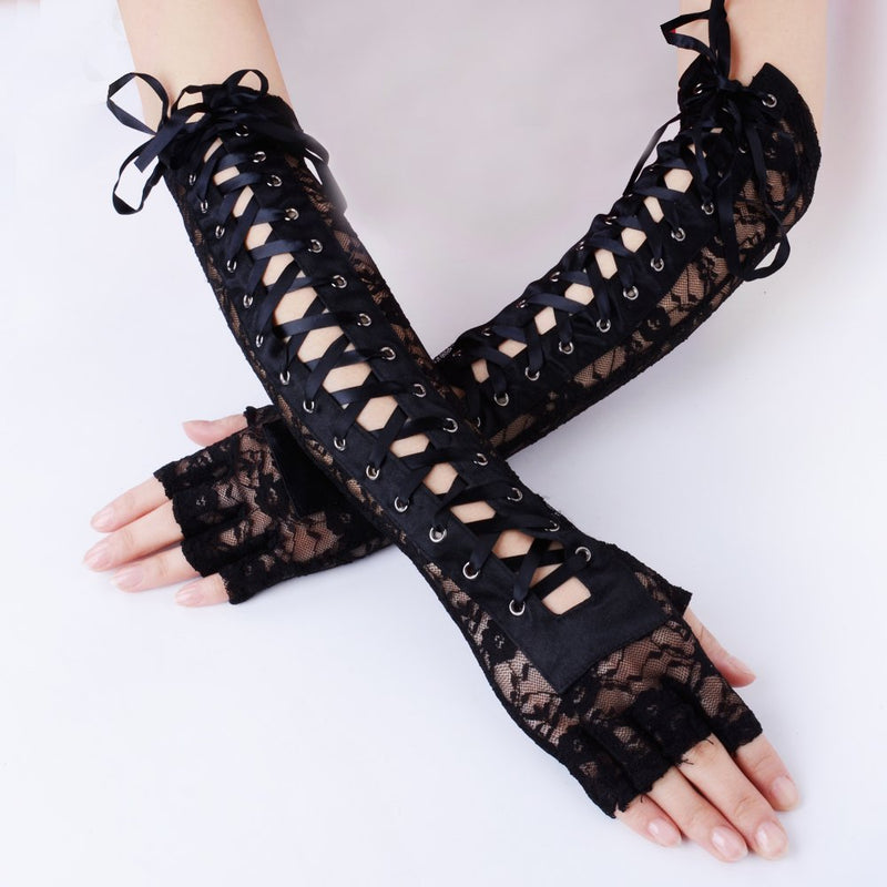 [Australia] - JISEN Womens Fingerless Gloves Elbow Lace Up steampunk Costume Arm Warmer Nylon Black 