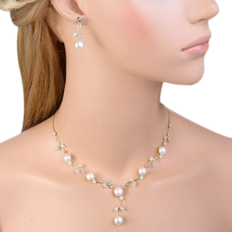 [Australia] - EVER FAITH CZ Crystal Cream Simulated Pearl Floral Vine Filigree Necklace Earrings Set A_Gold-Tone 