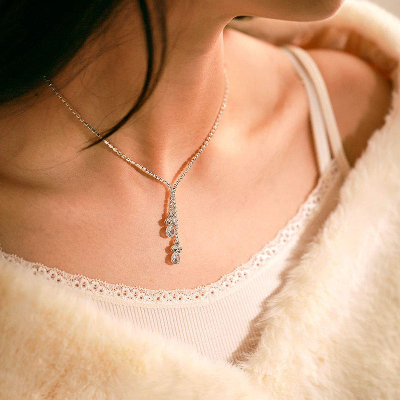 [Australia] - Aukmla Bride Wedding Necklace Earrings Set Silver Crystal Necklaces Rhinestone Necklaces Jewelry Accessories for Women and Girls Necklace-026 (Set of 3) 