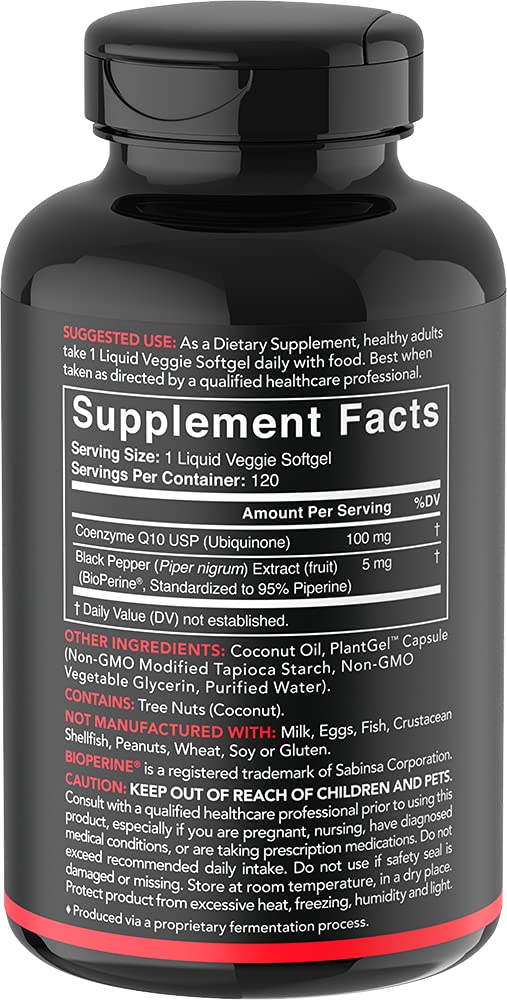[Australia] - CoQ10 100mg Enhanced with Coconut Oil & Bioperine (Black Pepper) for Better Absorption | Vegan Certified and Non-GMO Verified (120 Veggie Softgels) 120 Count (Pack of 1) 