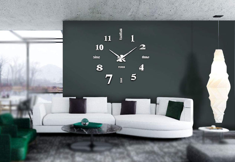 [Australia] - Mintime Modern Frameless DIY Wall Clock Large 3D Wall Watch Mirror Numbers for Home Office Decorations Silver-002 
