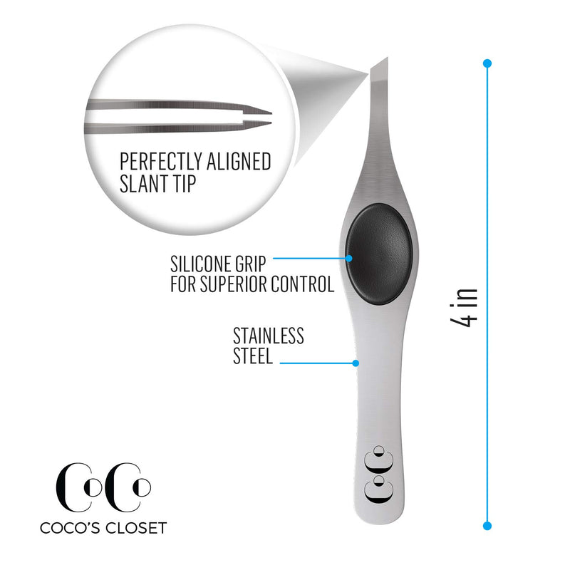 [Australia] - Coco’s Closet Tweezers for Eyebrows – Surgical grade Stainless Steel Slant Silver Tweezer - Precision for Ingrown Hair Removal 