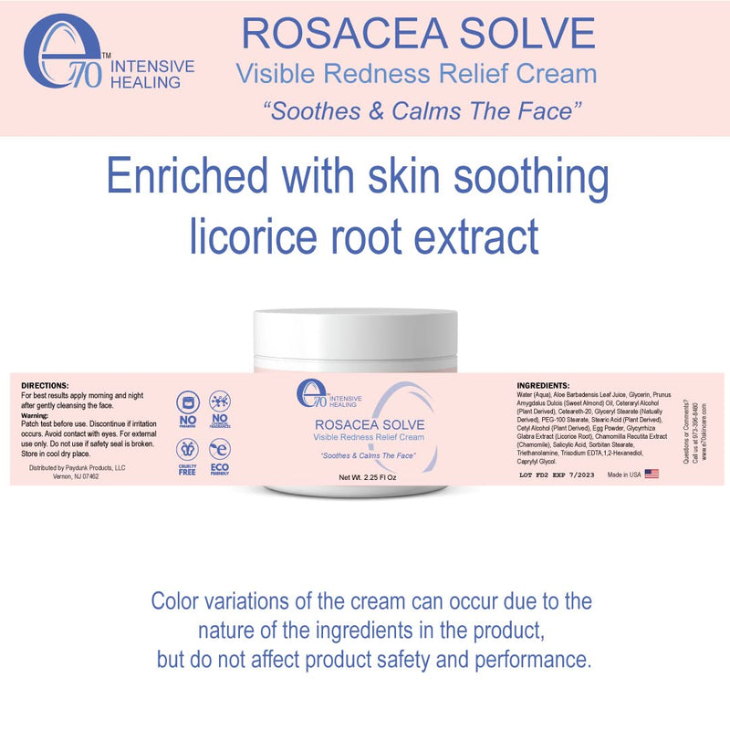 [Australia] - E70 Rosacea Solve - Redness Relief Cream - Calming Face Moisturizer For Rosacea and Acne-Prone Skin - Sensitive Skin Care With Organic Ingredients such as Aloe Vera, Almond Oil, Licorice and Chamomile Extracts - No Parabens 