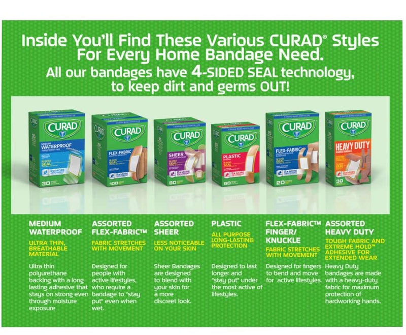 [Australia] - Curad Bulk Variety Pack Assorted Bandages, Flex-Fabric, Waterproof, Plastic, Knuckle, Heavy Duty Bandages (320Count) 