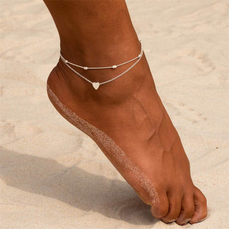 [Australia] - Gemily Boho Layered Love Pendent Anklets Chain Heart Foot Bracelets Jewelry for Women and Girls (Silver) Silver 