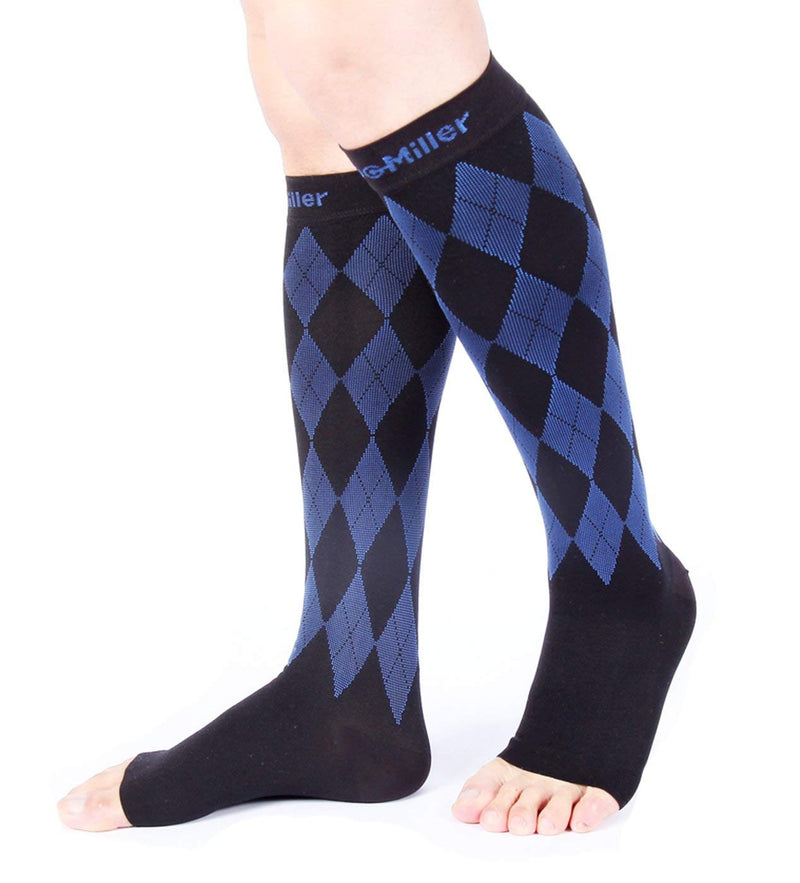 [Australia] - Doc Miller Open Toe Compression Socks Women 20-30mmHg, 1 Pair Toeless Socks for Women and Men - Argyle Design Large Black.blue Open Toe 