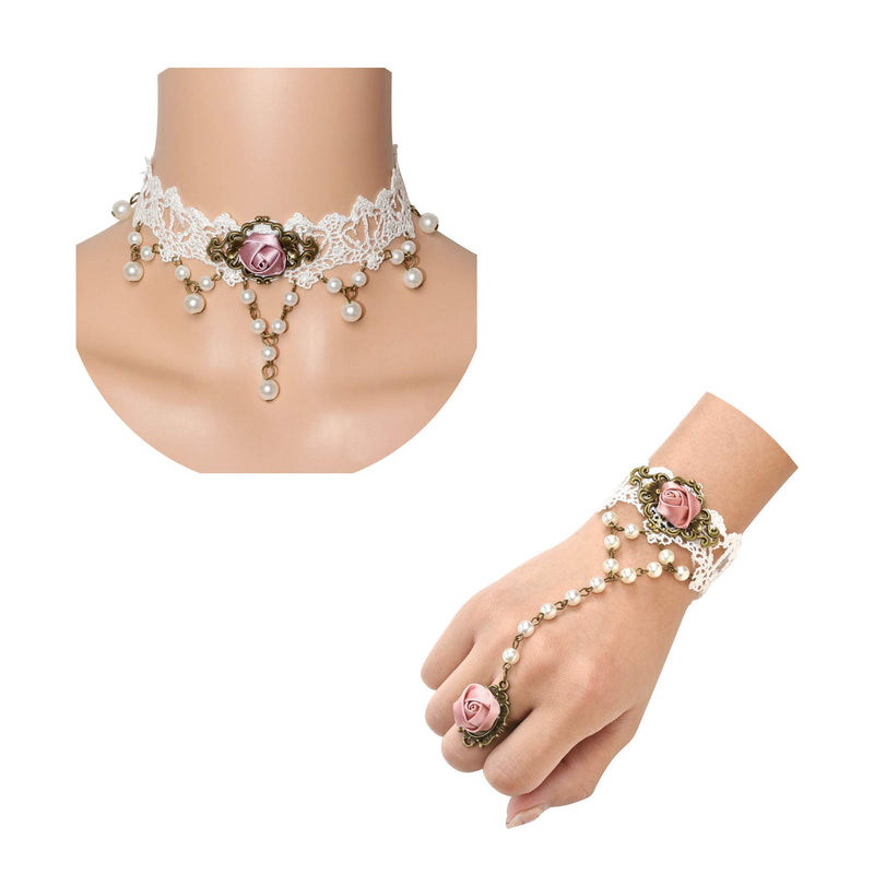 [Australia] - Milakoo White Lace Gothic Style Tassel Flower Pendant Choker Princess Lolita Necklace Bracelet Set 
