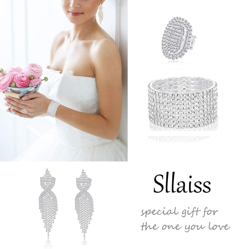 [Australia] - Sllaiss Rhinestone Bridal Jewelry Set for Women Sparkling Rhinestone Stretch Bracelet Ring Dangle Tassel Earrings Set Costume Jewelry Set 01 