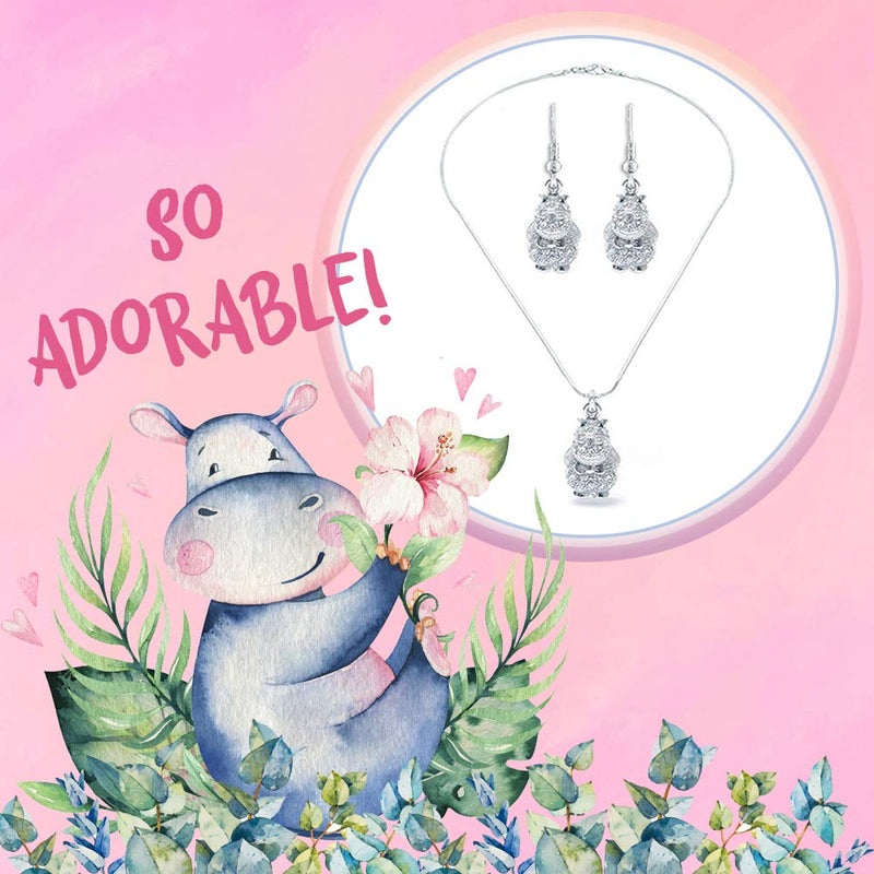 [Australia] - Lola Bella Gifts Crystal Hippo Hippopotamus Pendant Necklace and Earrings Set with Gift Box 