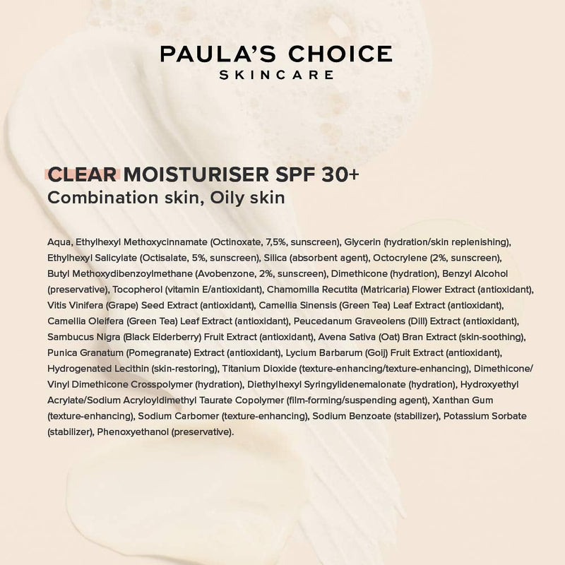 [Australia] - Paula's Choice Clear Light Hydrating Fluid SPF 30 - Non Greasy Mattifying Face Moisturiser - Fights Blemishes, Blackheads & Pores - with Vitamin E - Combination to Oily & Acne Prone Skin - 60 ml 