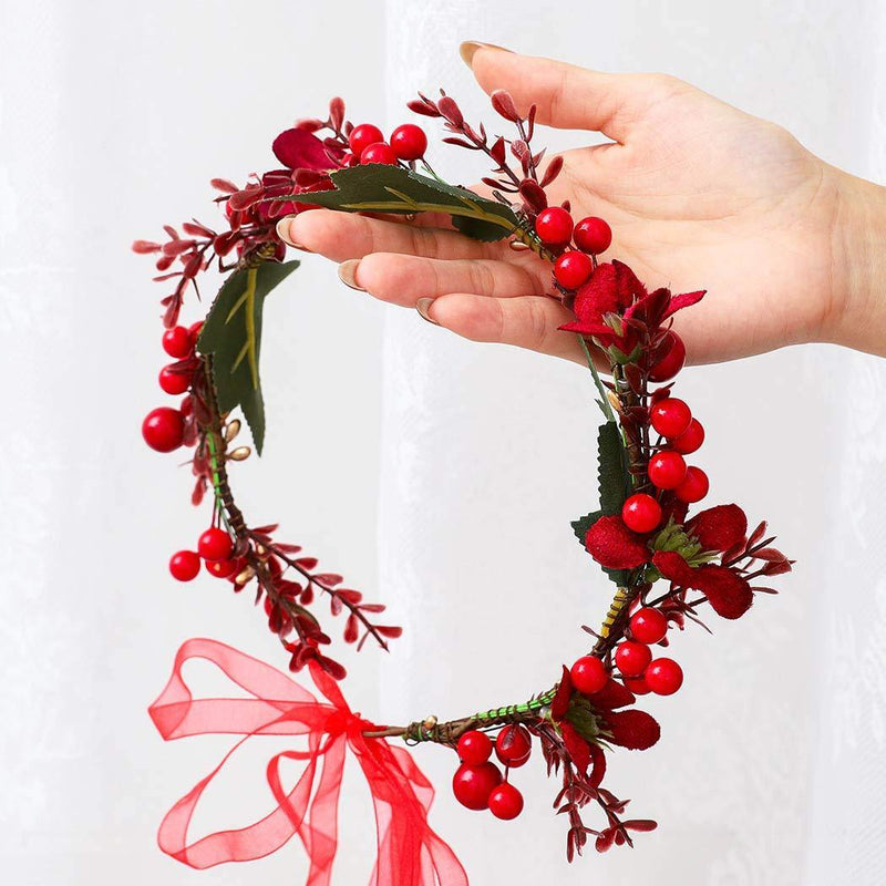 [Australia] - Unicra Christmas Crown Headband Flower Garland Headband Red Hair Wreath Garland Christmas Hair Accessories with Ribbon Party Festival Gift for Women and Girls 