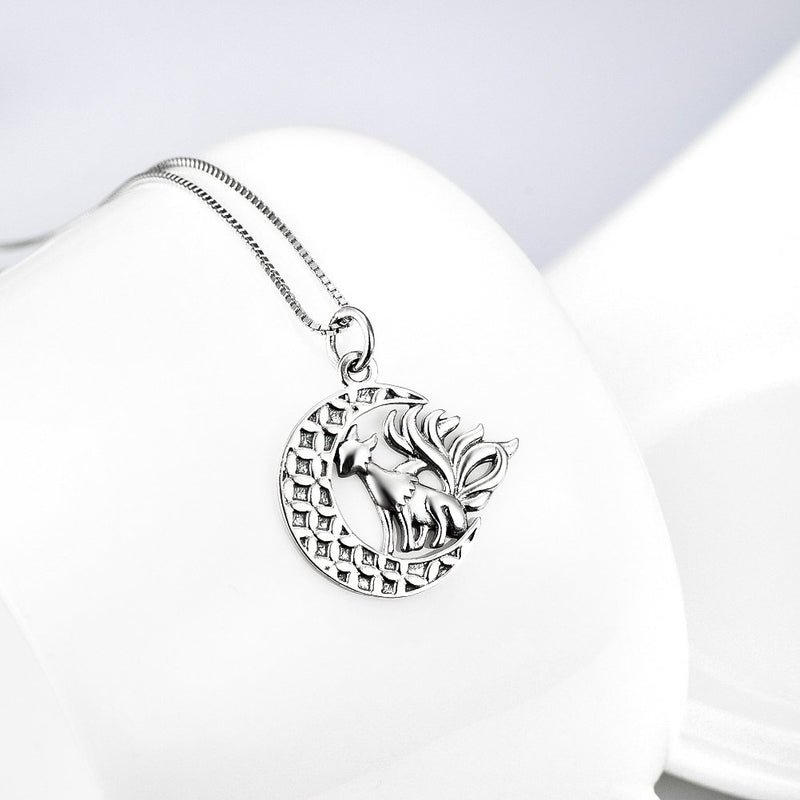 [Australia] - Fox Pendant Necklace, Sterling Silver Nine Tail Fox Moon Necklace Jewelry Gifts for Women,Girls, Unisex 18" Oxidized fox necklace 