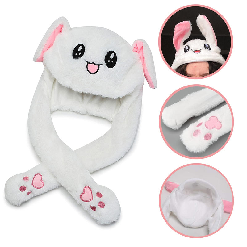 [Australia] - 2Pcs Cute Bunny Hat with Moving Ears Funny Plush Rabbit Hat Jumping rabbit Cap for Kids Adults Women Girls Party Cosplay Easter Christmas Birthday White 