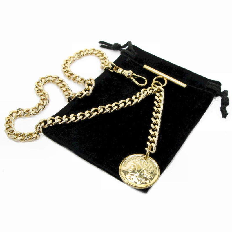 [Australia] - WATCHVSHOP Albert Chain Gold Tone Pocket Watch Chain Vest Chain for Men Fob T Bar with Swivel Clasp and Ancient France Coin Design Medal Charm Fob AC78A 