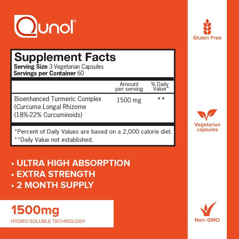 [Australia] - Turmeric Curcumin Capsules, Qunol 1500mg Extra Strength Supplement, Patented Hydro-Soluble Technology, Alternative to Turmeric Curcumin with Black Pepper, 180 Veggie Capsules 180 Count (Pack of 1) 