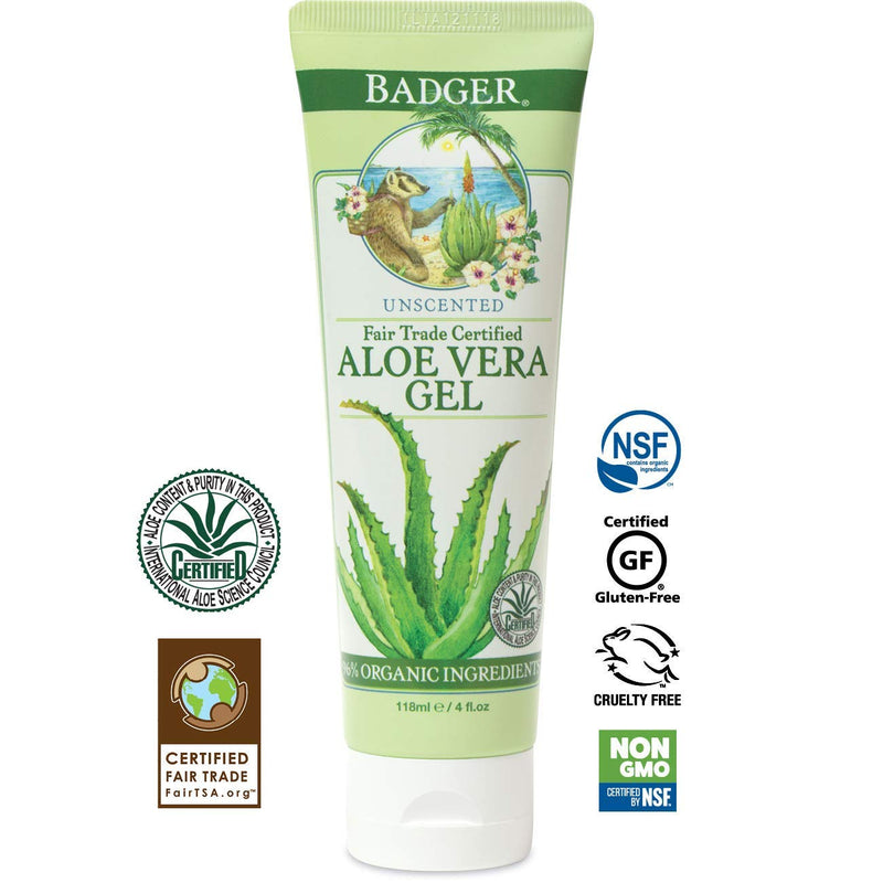 [Australia] - Badger - Aloe Vera Gel, Unscented, 96% Pure Aloe Vera Juice, Moisturizing Aloe Gel, Soothing Gel with Aloe Vera, Aloe Cooling Gel for Sunburn, Certified Organic Aloe Vera Gel, After Sun Aloe, 4 fl oz 4 Fl Oz (Pack of 1) 