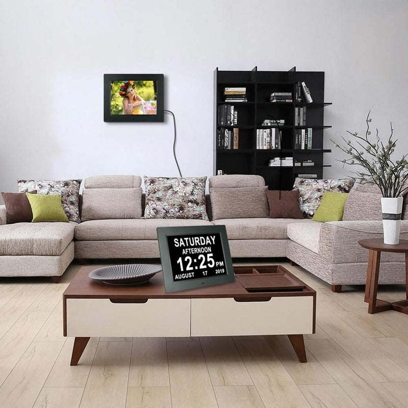 [Australia] - Digital Day Calendar Clock Non-Abbreviations Day Date Time 8 Alarm Options Dementia Alzheimer Impaired Vision Memory Loss Clocks for Senior Elderly 8 Inch Black 