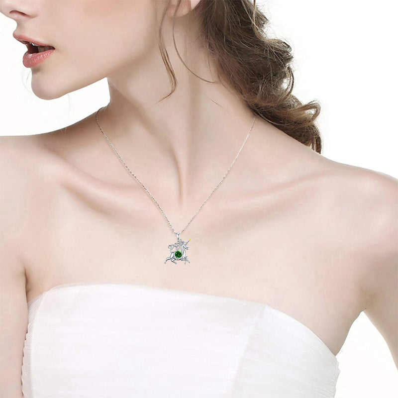 [Australia] - Birthday Gifts for Daughter Green Emerald Jewelry Unicorn Necklace for Teen Girls Granddaughter Sterling Silver Animal Necklace Unicorn Green Emerald Necklace 