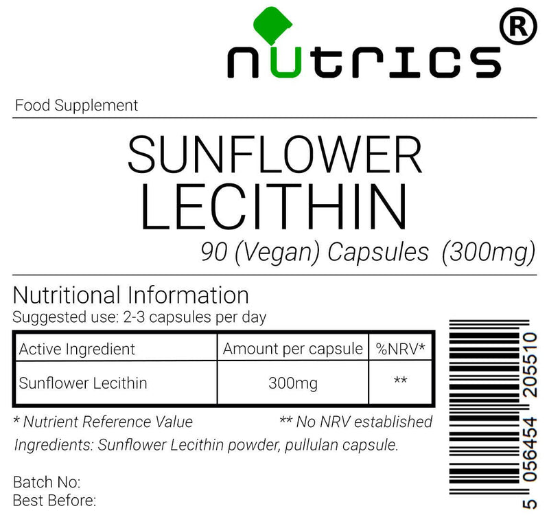 [Australia] - Nutrics® Sunflower Lecithin 300mg 90 V Capsules (1 Month Supply) | Made by Nutrics Laboratories | Suitable for Vegan Vegetarian Halal Kosher 