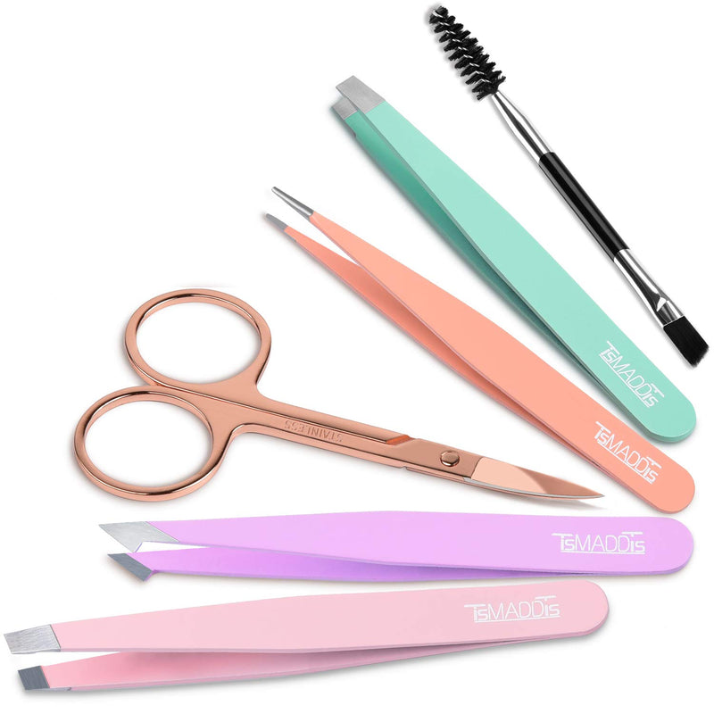 [Australia] - Eyebrow Tweezer Set, TsMADDTs 6 Pcs Tweezers Set for Women, Precision Tweezer for Eyebrows with Curved Scissors for Ingrown Hair, Hair Plucking Daily Beauty Tools with Leather Travel Case 