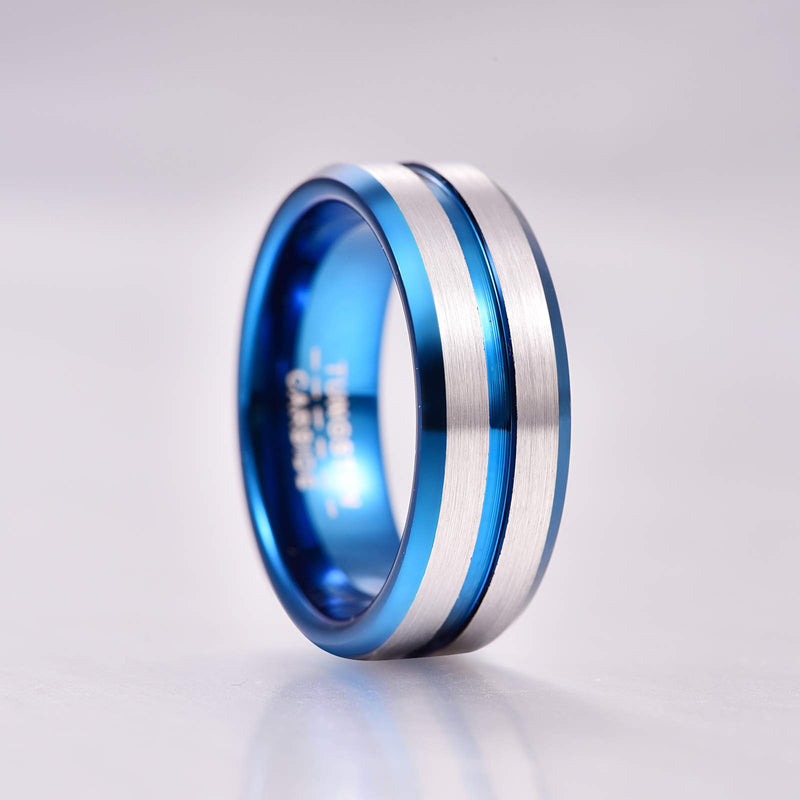 [Australia] - Merthus 8mm Men Wedding Band Blue Groove Tungsten Carbide Ring Comfort Fit Beveled Edge Silver 8 