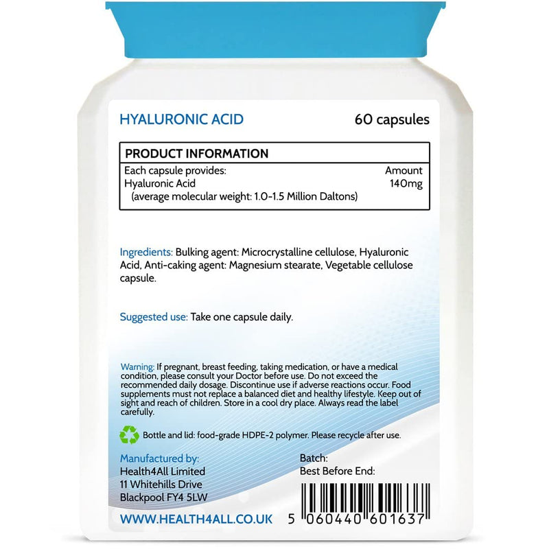 [Australia] - Health4All Hyaluronic Acid 140mg 60 Capsules (V) Highest Molecular Weight 1.0-.1.5 Million Daltons for Skin, Radiant Hair and Joints. 60 Count (Pack of 1) 