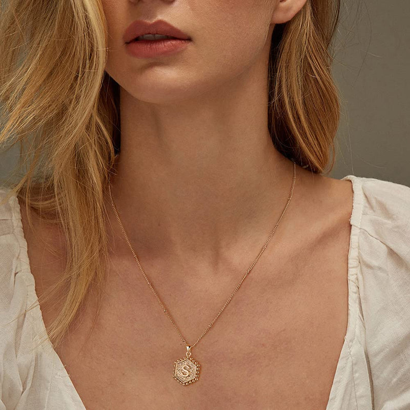[Australia] - Gold Layered Initial Necklaces for Women, 14K Gold Plated Bar Necklace Handmade Layering Hexagon Letter Pendant Beads Chain Necklace Layered Necklaces for Women Gold Jewelry Gifts A 