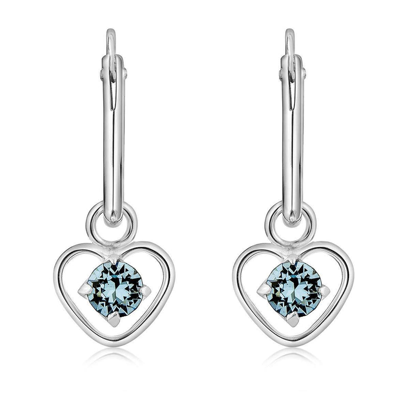 [Australia] - DTPsilver® 925 Sterling Silver SMALL Hoops Earrings & Dangling Heart with 3 mm Glittering Crystals from Swarovski® Elements - Thickness 1.5 mm - Diameter: 14 mm Blue Aquamarine 