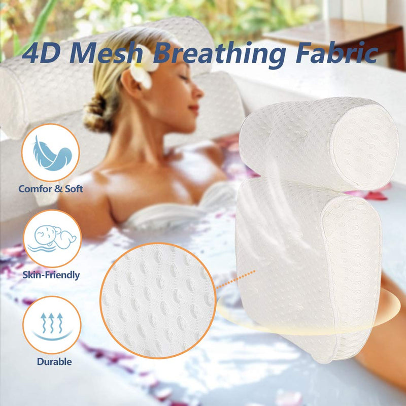 [Australia] - Mr. Bathif Bathtub Pillow 4D Air Mesh Bath Pillow for Tub SPA Pillow with 7 Non Slip Suction Cups Hot Tub Headrest Cushion for Neck Shoulder Support Neck Pillow 4D bath pillow-white 