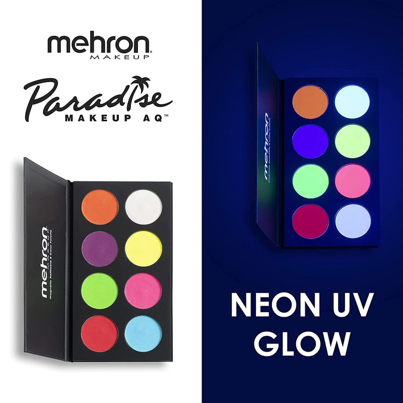 [Australia] - Mehron Makeup Paradise AQ Face & Body Paint 8 Color Palette (Neon UV Glow) - Face, Body, Black Light Makeup Palette, Special Effects, UV Glow, Rave Accessories, Christmas Gifts, Halloween, and Cosplay 