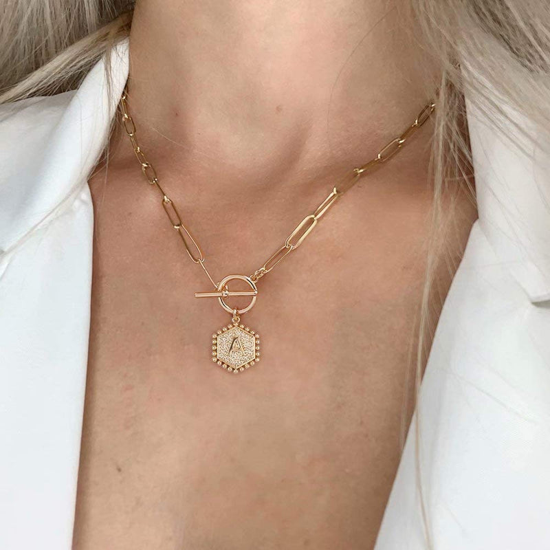 [Australia] - Layered Gold Initial Necklaces for Women, 14K Gold Plated Paperclip Link Chain Necklace Hexagon Letter Pendant Toggle Clasp Layering Necklaces for Women Gold Layered Initial Choker Necklaces for Women A 