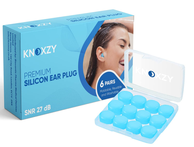 [Australia] - Knoxzy Silicone Ear Plugs for Sleeping Re-Usable Waterproof, SNR = 27dB Noise Cancelling Premium Moldable Ear Plugs for Sleeping, Travelling, Studying Noise Reduction Blue 6 Pair (Pack of 1) 