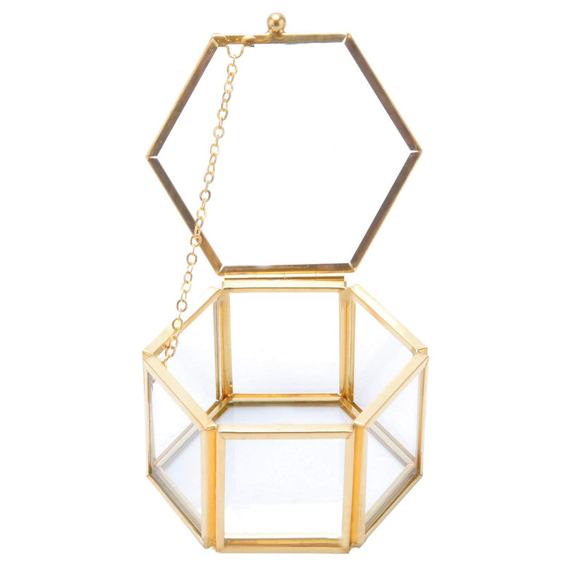 [Australia] - HighFree Copper Glass Vintage Ring Box, Hexagon Golden Geometric Jewelry Organizer, Bracelet Ring Display Small Box for Storage Trinket, Ring, Earring, 3.15x2.7x1.85 inch Small - 3.15x2.7x1.85 inch 