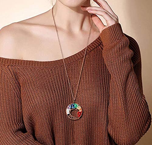 [Australia] - GUAGLL Tree of Life Crystal Pendant Necklace 7 Color Tumble Stone Exquisite Tree of Wisdom Ancient Copper Necklace 