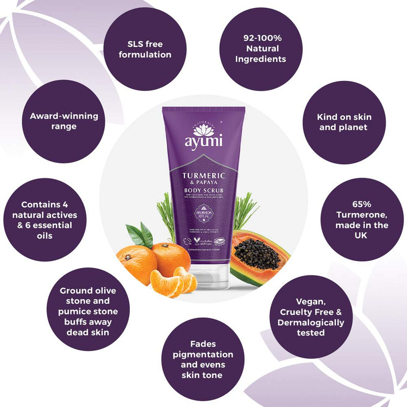 [Australia] - Ayumi Turmeric & Papaya Body Scrub, With Ground Olive Stones & Crushed Pumice Stone to Buff Away Dead Skin Cells, For Smooth & Radiant Skin 1 x 200ml 200 ml (Pack of 1) 