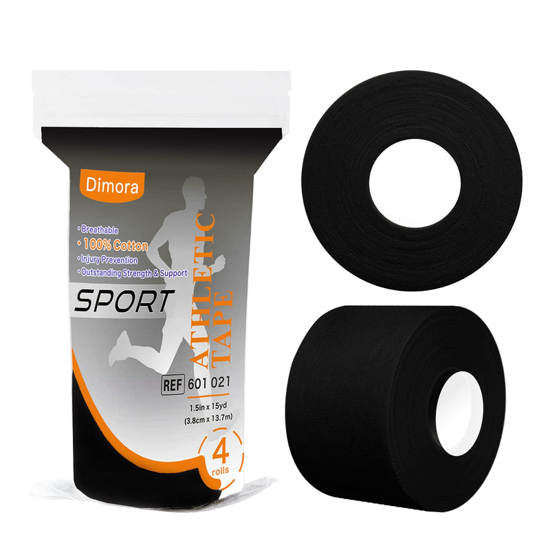[Australia] - Dimora Black Athletic Sports Tape（4-Rolls) -Very Strong Tape for Athlete & Sport Trainers & First Aid Injury Wrap, Perfect for Fingers Ankles Wrist on Bat, Hockey Stick Black-4pcs Cotton Tapes 