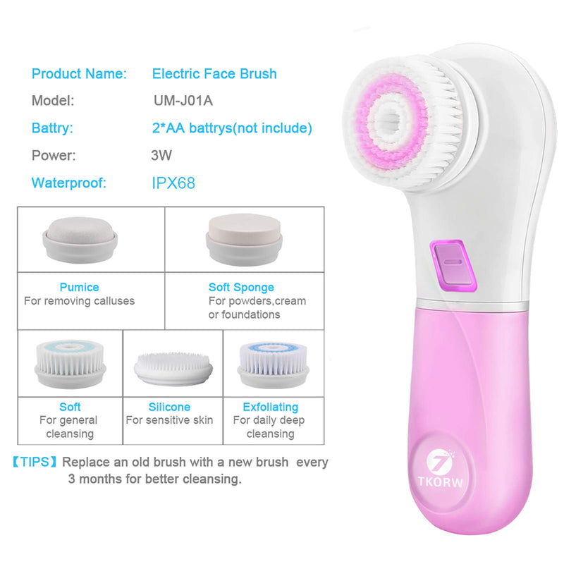 [Australia] - Facial Cleansing Brush,TKORW IP68 Waterproof,5 Rotating Brush Heads,2 Modes (Gentle/Deep Cleans),2AA Power Supply,360° Cleaning, Blackheads, Whiteheads, Calluses, Dead Skin Cleansing Spin Brush 