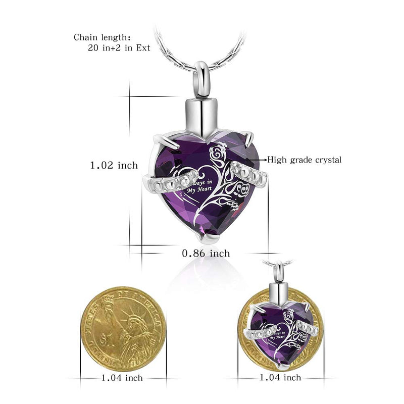 [Australia] - constantlife Crystal Heart Shape Cremation Jewelry Memorial Urn Necklace for Ashes, Stainless Steel Ash Holder Pendant Keepsake with Gift Box Charms Accessories for Women Purple + White 